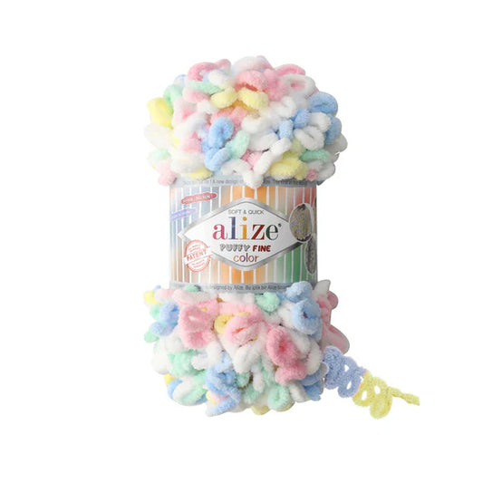 Alize Puffy Fine Color Chenille Yarn, Pink & Green & White & Blue & Yellow- 5949