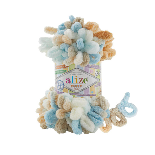 Alize Puffy Color Chenille Yarn, White & Blue & Beige - 6530